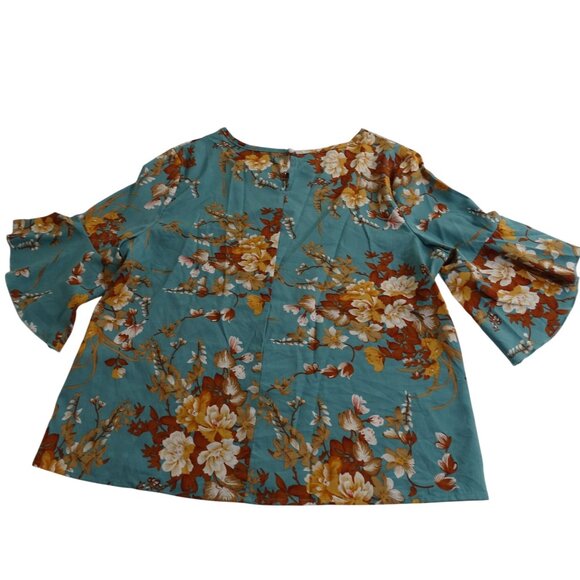 Grawell Green Brown Floral Bell 3/4 Sleeve Blouse Top Women Size XL US Size 12 - Picture 3 of 11